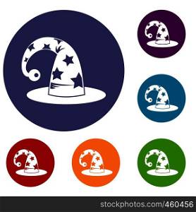 Wizards hat icons set in flat circle reb, blue and green color for web. Wizards hat icons set