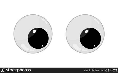 Wobbly plastic eyes. Googly eyes for toy. Puppet eyeballs. Cartoon glossy round eyes isolated on white background. Look down left. Crazy, silly and fun icon. Vector.
