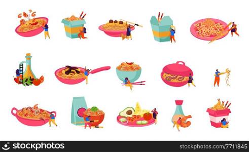 Wok box flat recolor set of isolated icons with served and packed asian fast food noodles vector illustration. Wok Noodles Icon Set