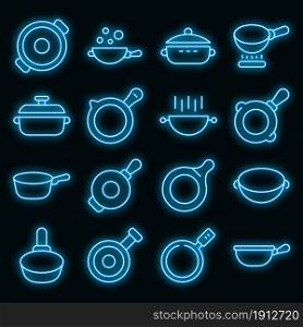 Wok frying pan icons set. Outline set of wok frying pan vector icons neon color on black. Wok frying pan icons set vector neon
