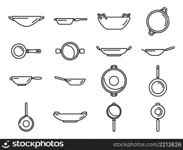 Wok frying pan icons set outline vector. Meat tools. Kitchen cooking. Wok frying pan icons set outline vector. Meat tools