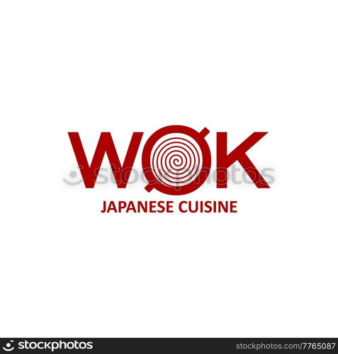 Wok pan icon with noodles, Chinese and Japanese cuisine vector sign. Asian food restaurant symbol of wok pan with Chinese dishes or Japanese ramen or udon noodles bar, menu cover design. Wok pan with noodles, Chinese and Japanese cuisine