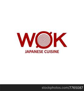 Wok pan icon with noodles, Chinese and Japanese cuisine vector sign. Asian food restaurant symbol of wok pan with Chinese dishes or Japanese ramen or udon noodles bar, menu cover design. Wok pan with noodles, Chinese and Japanese cuisine