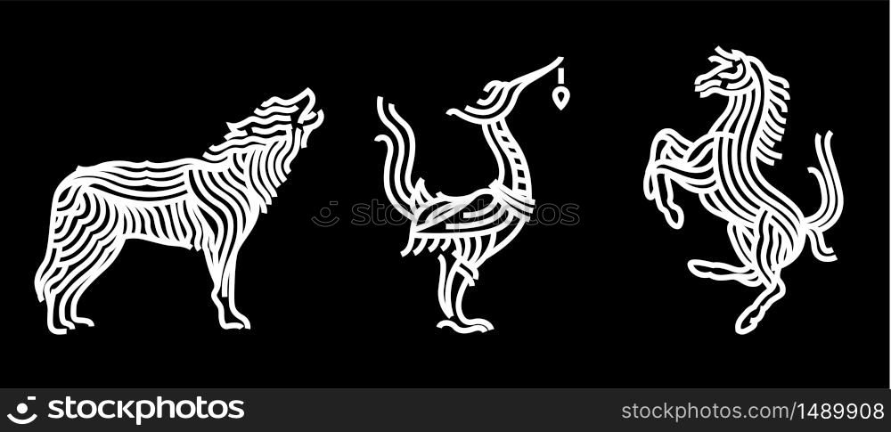 Wolf and horse and ancient swan logo design vector. Stripe line art style