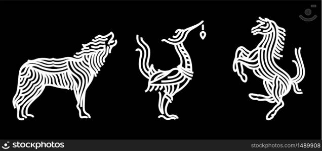 Wolf and horse and ancient swan logo design vector. Stripe line art style