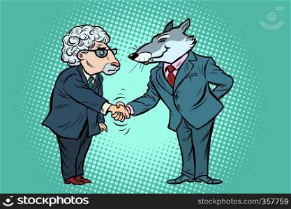 wolf and sheep business negotiations, friendship. Comic cartoon pop art vector retro vintage drawing. wolf and sheep business negotiations, friendship