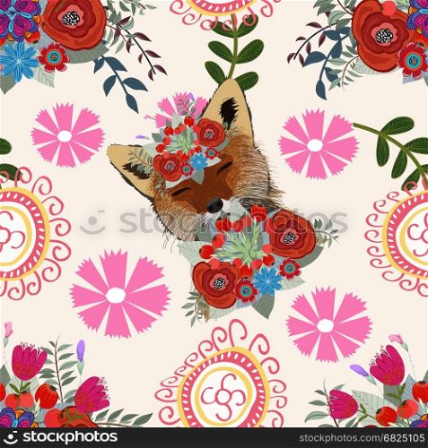 Wolf floral background pattern, flower, seamless