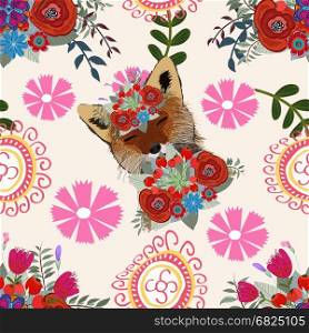 Wolf floral background pattern, flower, seamless