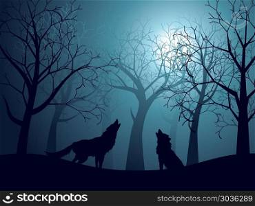 Wolf Howling in the Night Forest. Silhouette of the wolf howling at the moon in the forest at night.