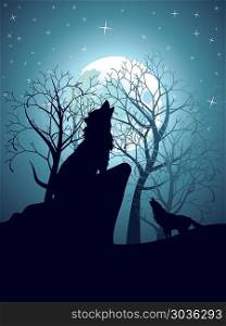 Wolf Howling in the Night Forest. Silhouette of the wolf howling at the moon in the forest at night.