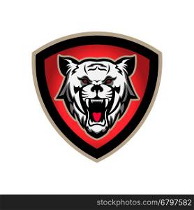 wolf illustration on shield. Sport team mascot. Design elements for logo, label, emblem,sign, brand mark. Vector illustration.