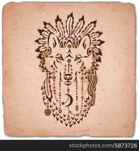 Wolf in war bonnet, hand drawn animal illustration, native american poster