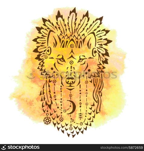 Wolf in war bonnet, hand drawn animal illustration, native american poster, t-shirt design