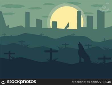 Wolf on the mountain with a grave at night,vector Illustrator