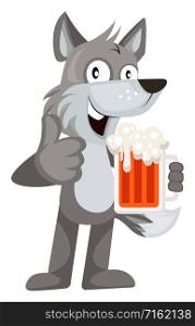 Wolf with beer, illustration, vector on white background.