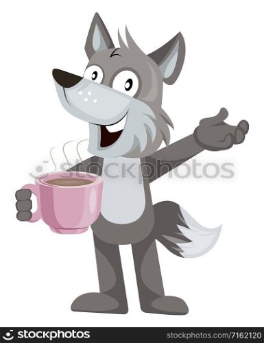 Wolf with coffee, illustration, vector on white background.