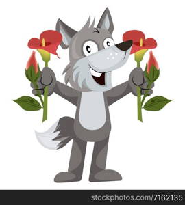 Wolf with flowers, illustration, vector on white background.
