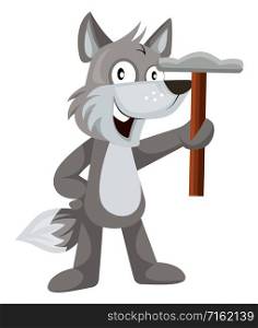 Wolf with hammer, illustration, vector on white background.