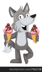Wolf with ice cream, illustration, vector on white background.