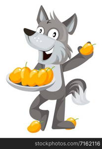 Wolf with mangos, illustration, vector on white background.