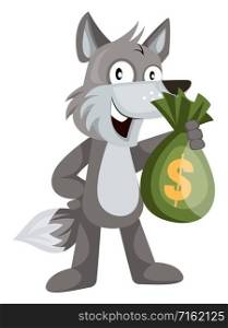 Wolf with money bags, illustration, vector on white background.