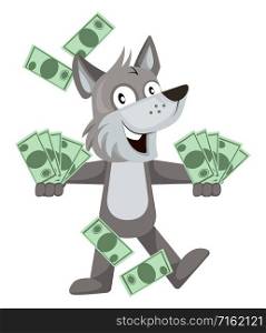 Wolf with money, illustration, vector on white background.