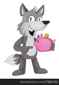 Wolf with piggy bank, illustration, vector on white background.