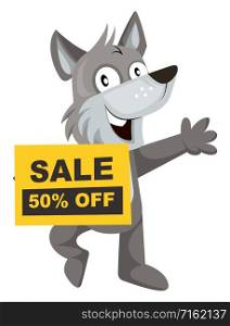 Wolf with sale sign, illustration, vector on white background.