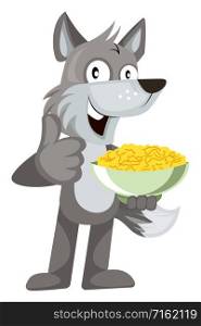 Wolf with snacks, illustration, vector on white background.