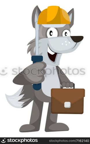 Wolf with tools, illustration, vector on white background.