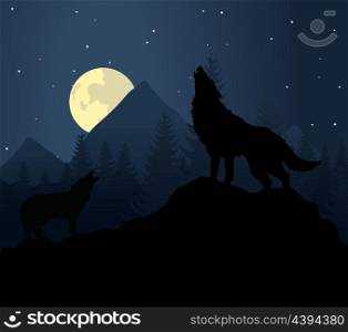 wolf3. Wild animal with burning eyes in night darkness. Vector illustration