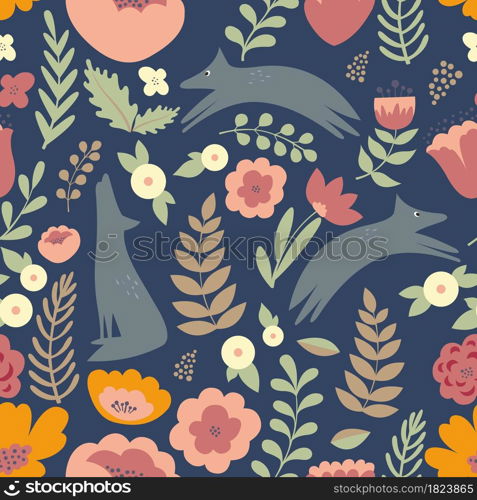 Wolves and colorful stylized flowers. Seamless vector pattern for design of textile, greeting card, packing paper or web design. Wolves and colorful stylized flowers. Seamless pattern