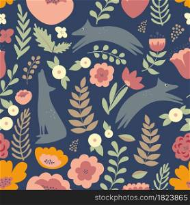 Wolves and colorful stylized flowers. Seamless vector pattern for design of textile, greeting card, packing paper or web design. Wolves and colorful stylized flowers. Seamless pattern