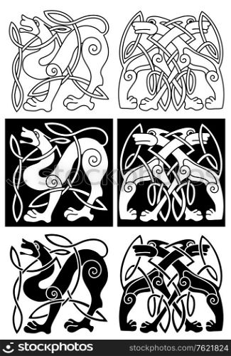 Wolves and dogs in celtic ornament for retro design