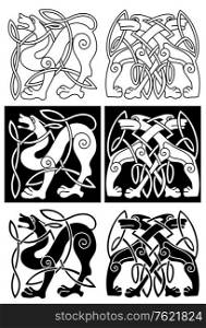 Wolves and dogs in celtic ornament for retro design