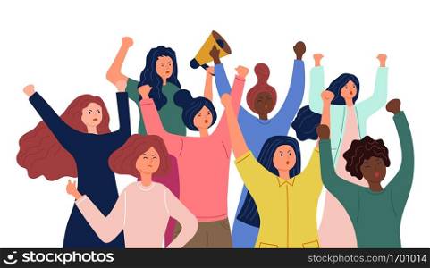 Womam protest. Sad angry demonstration, multicultural women crowd. Young girl scream vector illustration. Protest female, demonstration and protester. Womam protest. Sad angry demonstration, multicultural women crowd. Young girl scream vector illustration