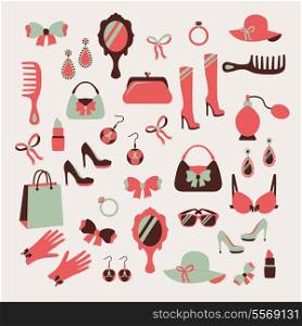 Woman accessories icons set of gloves shoes hats and jewelry vector illustration