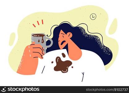 Woman accidentally spilled coffee from mug on T-shirt during breakfast or work break and needs change of clothes. Sloppy girl holds mug filled with lemonade or hot drink spilled over edge. Woman accidentally spilled coffee from mug on T-shirt during breakfast or work break 