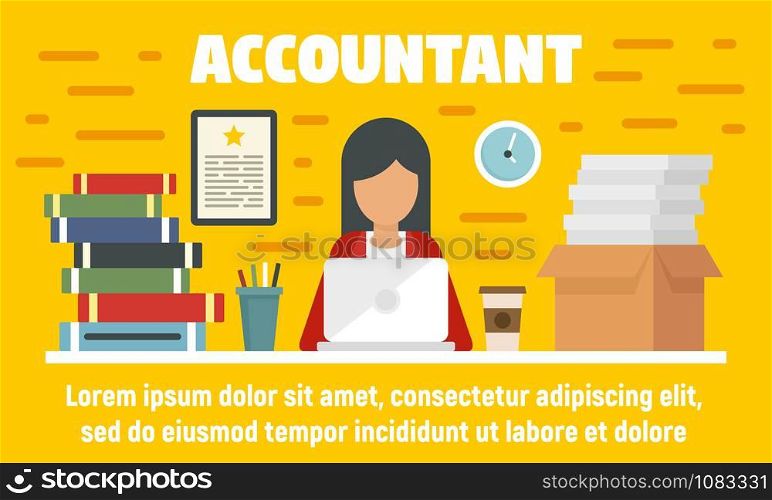 Woman accountant concept banner. Flat illustration of woman accountant vector concept banner for web design. Woman accountant concept banner, flat style