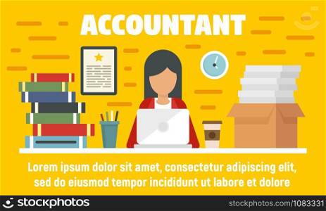 Woman accountant concept banner. Flat illustration of woman accountant vector concept banner for web design. Woman accountant concept banner, flat style