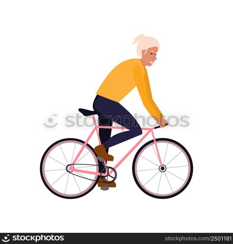 Woman, active pensioners ride bicycles in park or city