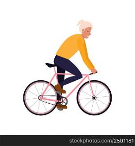 Woman, active pensioners ride bicycles in park or city