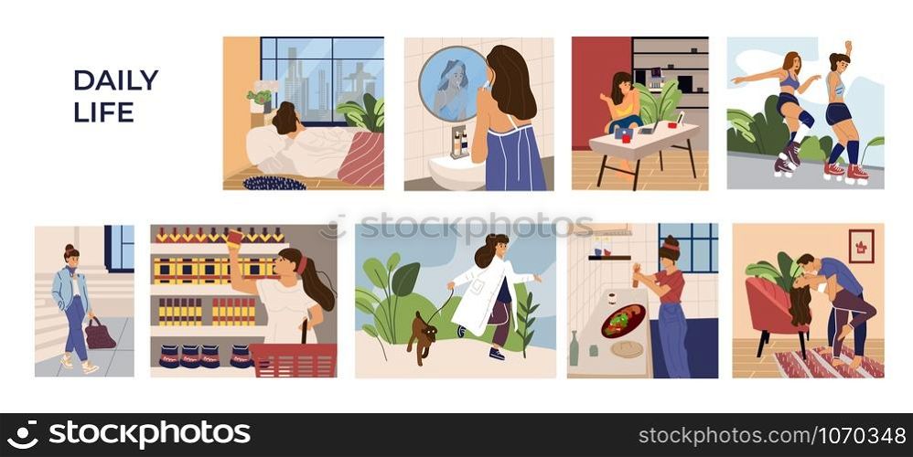 Woman activities scenes. Cartoon hand drawn young girl character leisure, work and routine. Vector illustration sleeping shopping, resting, cooking on kitchen, skates, dances set. Woman activities scenes. Cartoon hand drawn young girl character leisure, work and routine. Vector sleeping shopping resting set