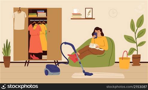 Woman addicted smartphone. Relax female character on chair. Housewife with cat on knees surfing phone, forget about cleaning in room vector illustration. Addiction phone and relax communication. Woman addicted smartphone. Relax female character on chair. Housewife with cat on knees surfing phone, forget about cleaning in room vector illustration