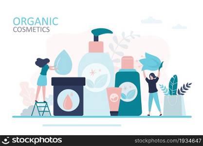Woman adds natural ingredients to organic cosmetics. Female character carries big flower. Concept of skincare, cosmetology and eco-friendly product. Different bottles and jars.Flat vector illustration. Woman adds natural ingredients to organic cosmetics. Female character carries big flower