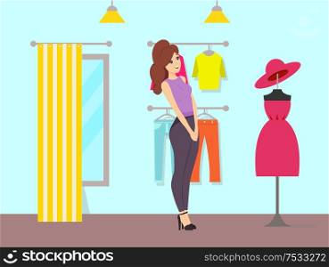 Woman admiring dress and hat on mannequin vector. Store with changing room, curtain and mirror. Clothes shop with trousers and sweaters on hanger. Woman Admiring Dress and Hat on Mannequin Vector