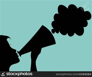 Woman advertising. The woman speaks in a megaphone. A vector illustration