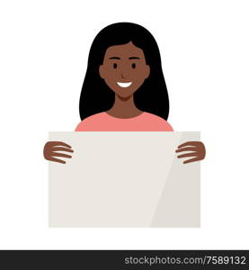 Woman African American holding a empty placard. Vector flat illustration.