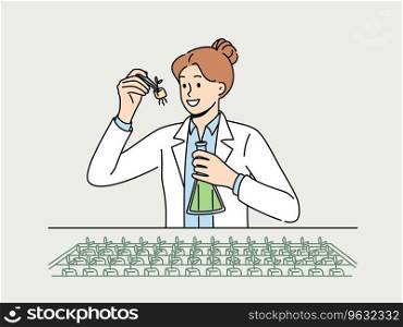 Woman agricultural scientist examines plants in laboratory, selecting new varieties of wheat. Concept of food technologies and use of genetic modification by scientists in selecting to fight hunger. Woman agricultural scientist examines plants in laboratory, selecting new varieties of wheat