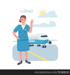 Woman air hostess flat color vector detailed character. Gender equality at workplace. Cheerful female flight attendant isolated cartoon illustration for web graphic design and animation. Woman air hostess flat color vector detailed character